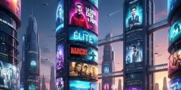 Paisaje urbano futurista con pantallas mostrando escenas de series españolas de 2026, simbolizando innovación televisiva.