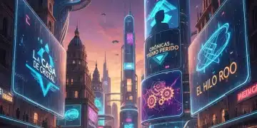 Paisaje urbano español futurista con pantallas mostrando títulos de series, representando la innovación en series españolas de 2026.