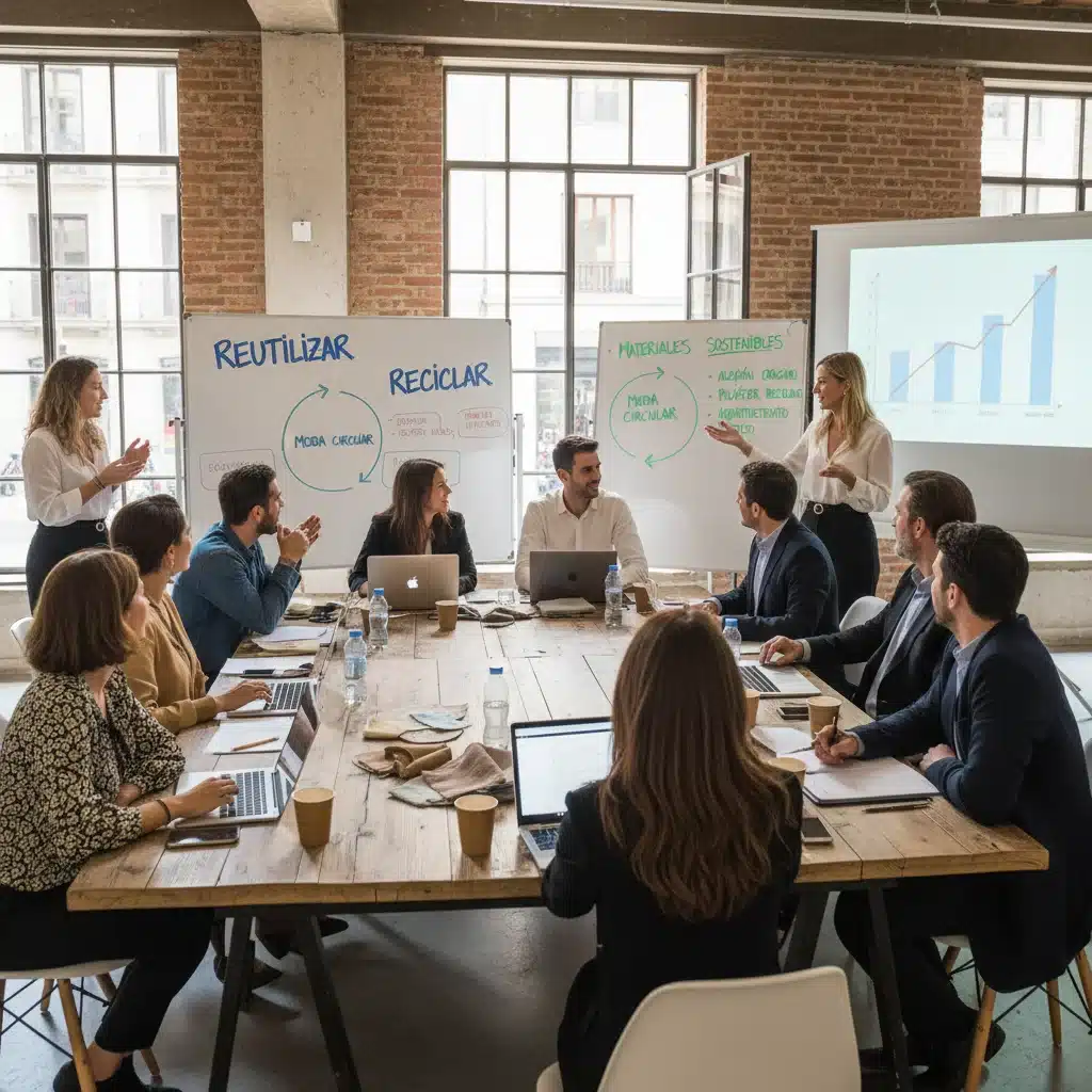 Profesionales del retail de moda debatiendo sobre sostenibilidad y prácticas éticas en un taller, con ejemplos de moda circular.