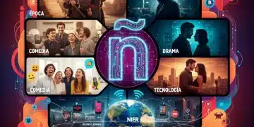 Collage dinámico de series y películas españolas de streaming, simbolizando el éxito global.
