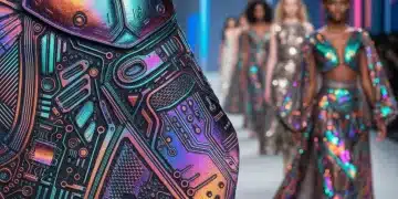Tejido futurista brillante con patrones intrincados que simboliza la innovación textil en la moda española.