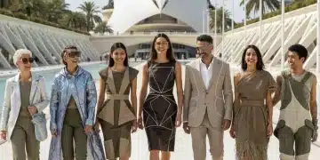 Modelos luciendo las últimas tendencias de moda 2026 en un entorno urbano español con arquitectura moderna.