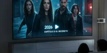 Pantalla de televisión futurista mostrando un thriller español de 2026, con personajes en suspenso y un ambiente moderno.
