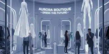 Tienda de moda futurista con espejos de realidad aumentada y pantallas holográficas mostrando ropa.