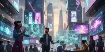 Gente interactuando con tecnología avanzada en una ciudad futurista, reflejando 'Vidas Conectadas'.