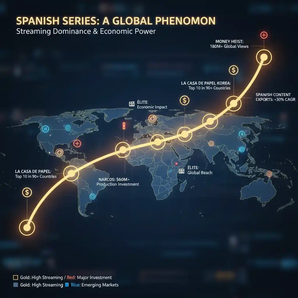 Infografía del alcance global y el éxito de audiencia de las series españolas en el mundo.