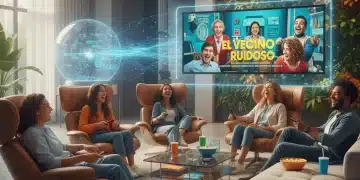 Grupo de amigos riendo a carcajadas viendo una serie de comedia española en 2026