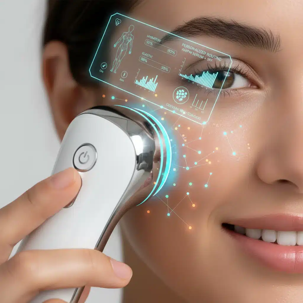 Dispositivo de análisis de piel con IA mostrando datos personalizados en un primer plano.