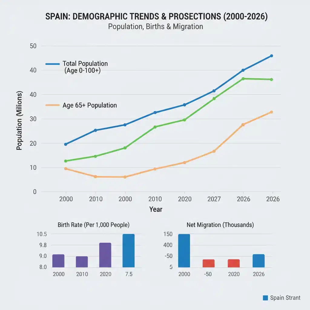 Gráfico de cambios demográficos en España hasta 2026
