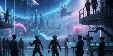 Cineastas españoles interactuando con pantallas de producción virtual y tecnología de captura de movimiento en un set de cine futurista.