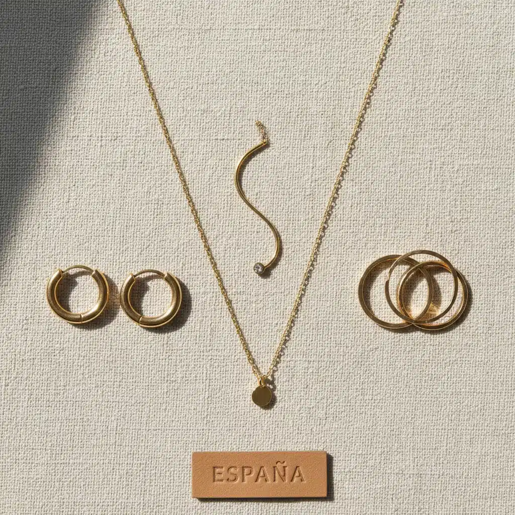 Conjunto de joyas minimalistas españolas: collar fino, aros pequeños y anillo apilable.