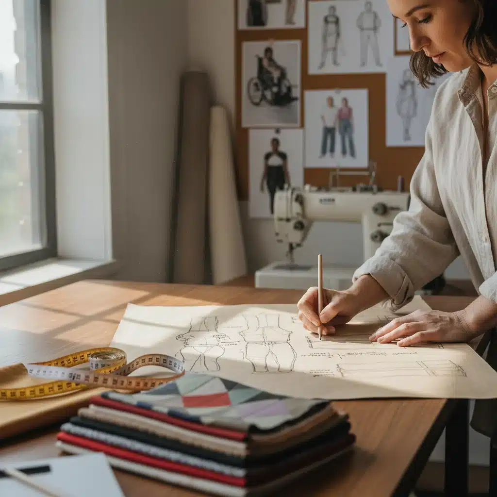 Diseñador creando patrones de ropa inclusiva con atención al detalle