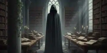 Una figura misteriosa en una biblioteca antigua, evocando el giro argumental de 'La Sombra del Canto'.