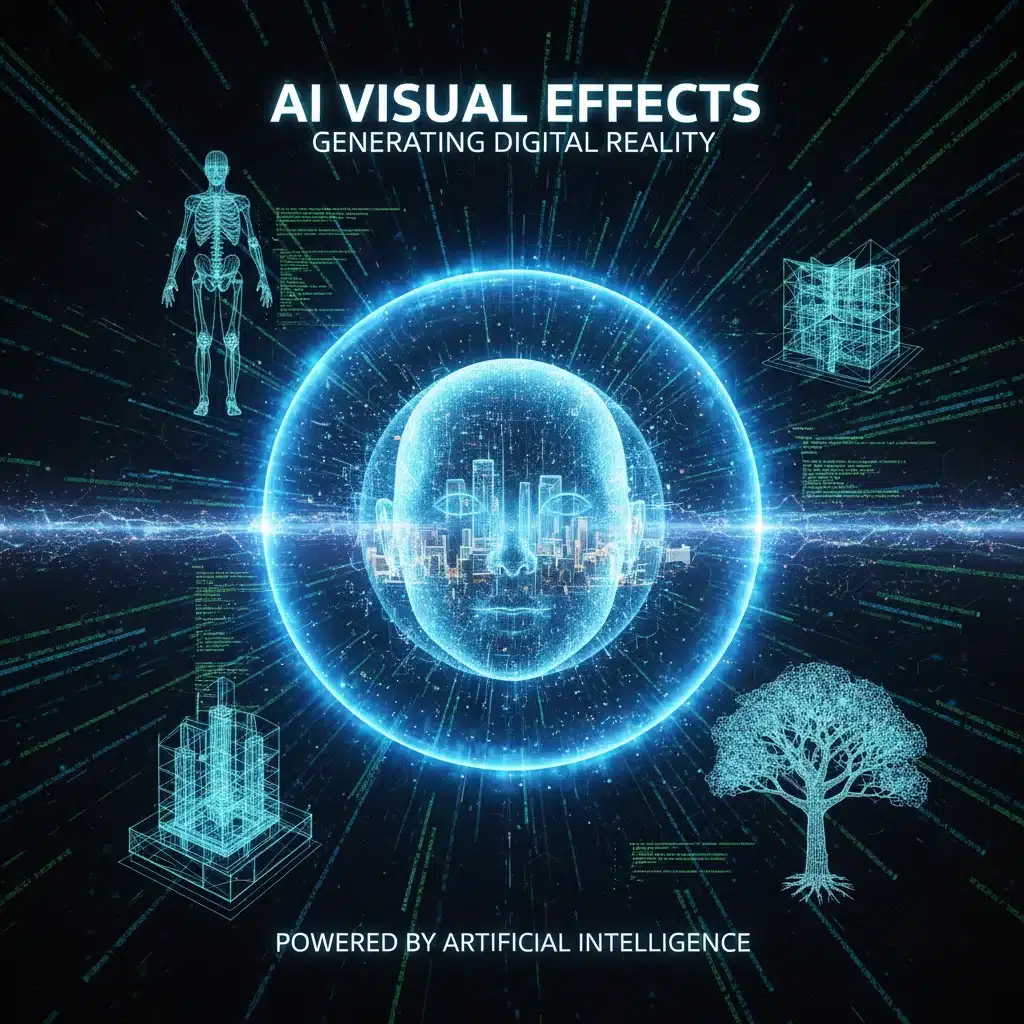 Algoritmo de inteligencia artificial generando dobles digitales realistas y entornos 3D para efectos visuales cinematográficos.