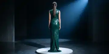 A woman in a deep emerald green wet-look leather dress, seen from behind on a minimalist white platform, illuminated by a dramatic cool blue light, symbolizing celebrity fashion influence.