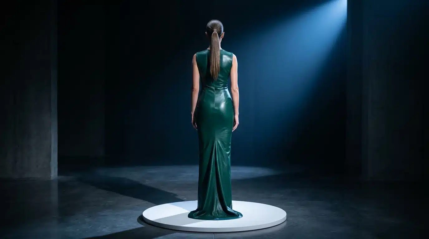 A woman in a deep emerald green wet-look leather dress, seen from behind on a minimalist white platform, illuminated by a dramatic cool blue light, symbolizing celebrity fashion influence.