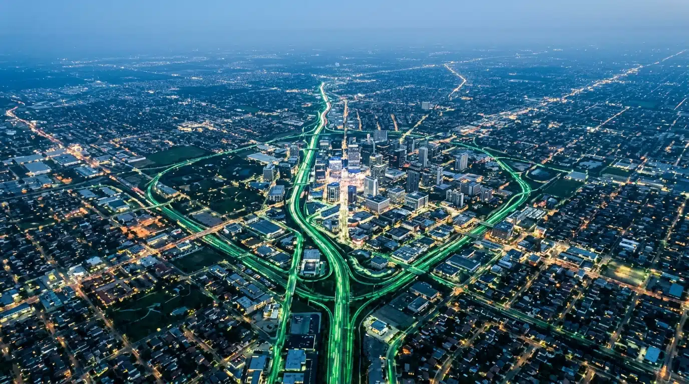 Aerial view of a city at dusk, showing intricate patterns of green and blue lights, representing the evolving landscape of celebrity influence and digital connections.
