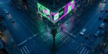 Aerial view of a person in a green blazer interacting with a large digital billboard in a city at twilight, reflecting brand valuation and influencer marketing's economic impact.