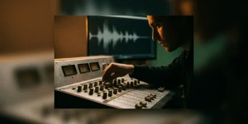 A person in profile adjusting controls on a vintage sound mixer, illuminated by dramatic amber light, symbolizing the unseen architects of influence in celebrity and lifestyle trends.