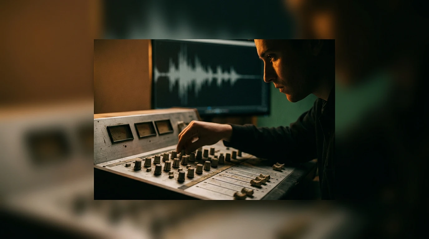 A person in profile adjusting controls on a vintage sound mixer, illuminated by dramatic amber light, symbolizing the unseen architects of influence in celebrity and lifestyle trends.