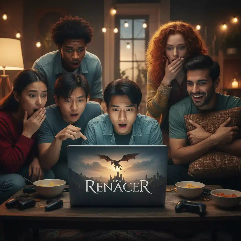 Grupo de jóvenes viendo una serie en una pantalla, simbolizando la conexión con 'Renacer'.