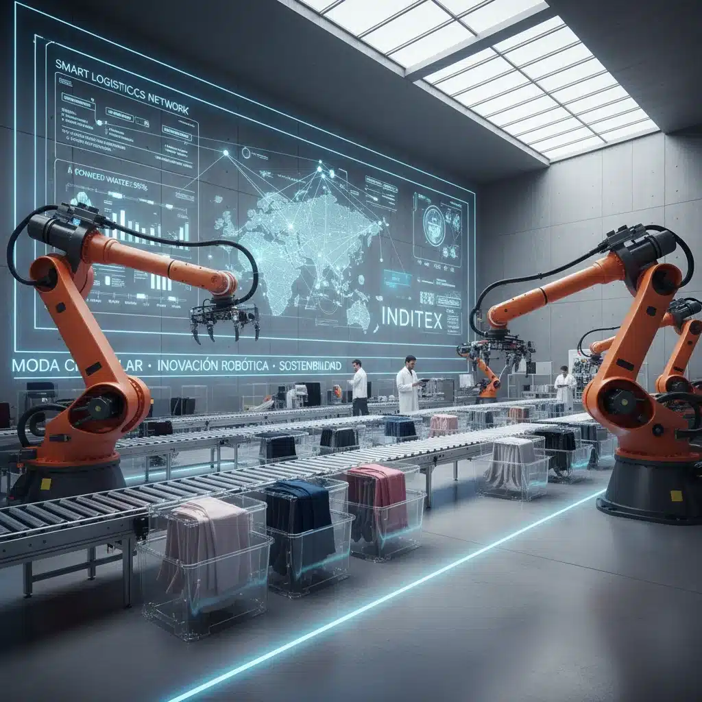 Robots autónomos optimizando la clasificación de textiles en un almacén de moda inteligente.