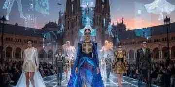Modelos desfilando con diseños innovadores generados por IA en una pasarela futurista española.