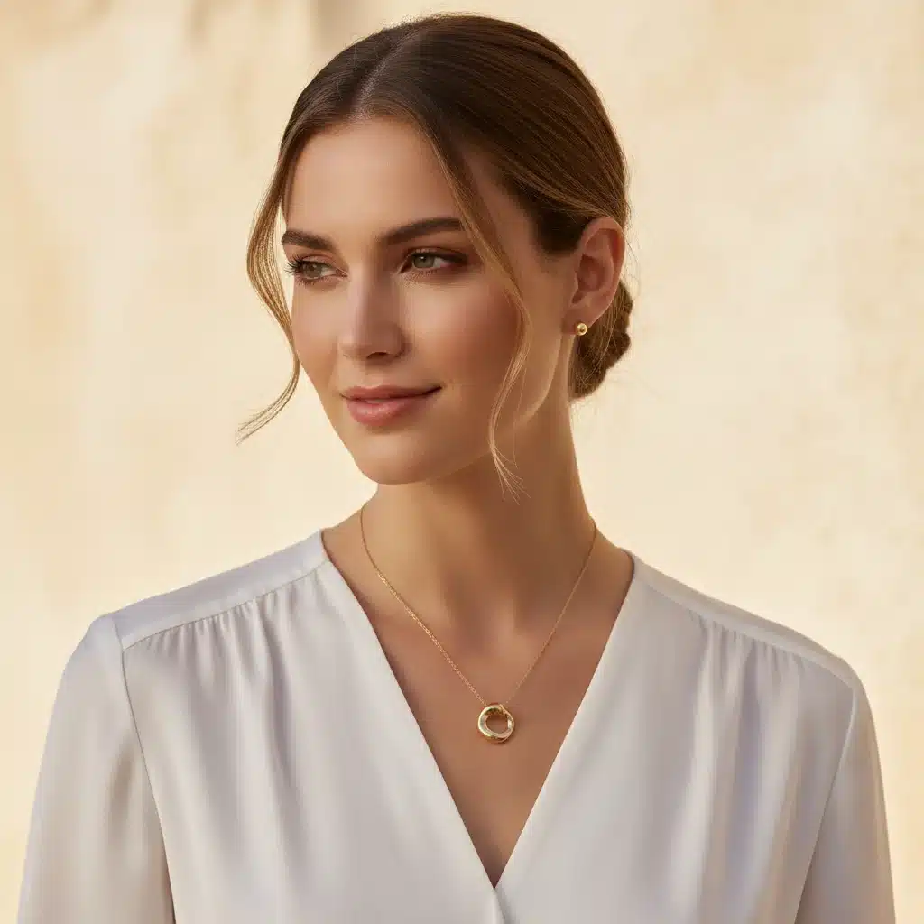 Mujer con collar de colgante delicado y pendientes pequeños, estilo minimalista español.