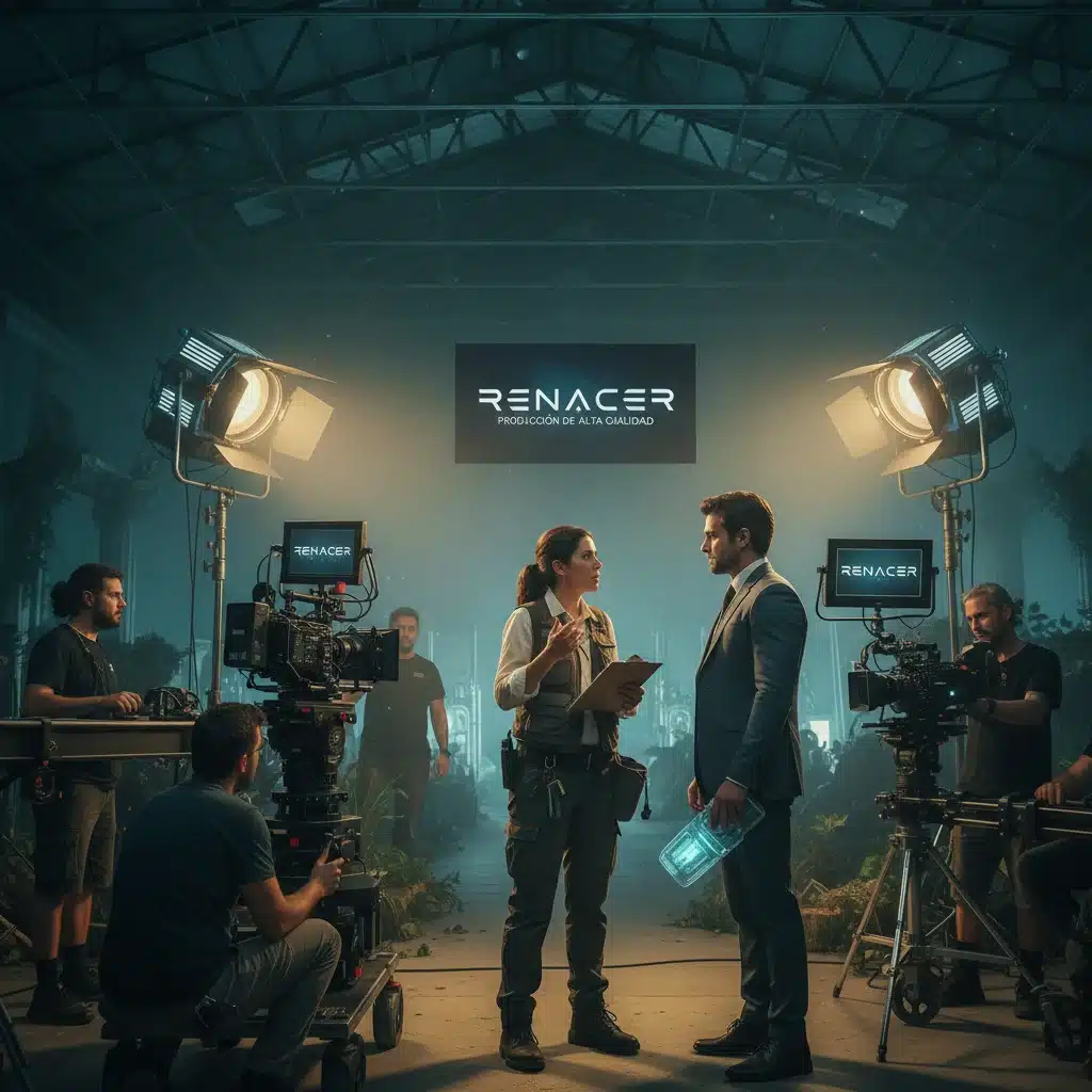 Equipo de producción y director trabajando en el set de rodaje de una serie española de alta calidad.