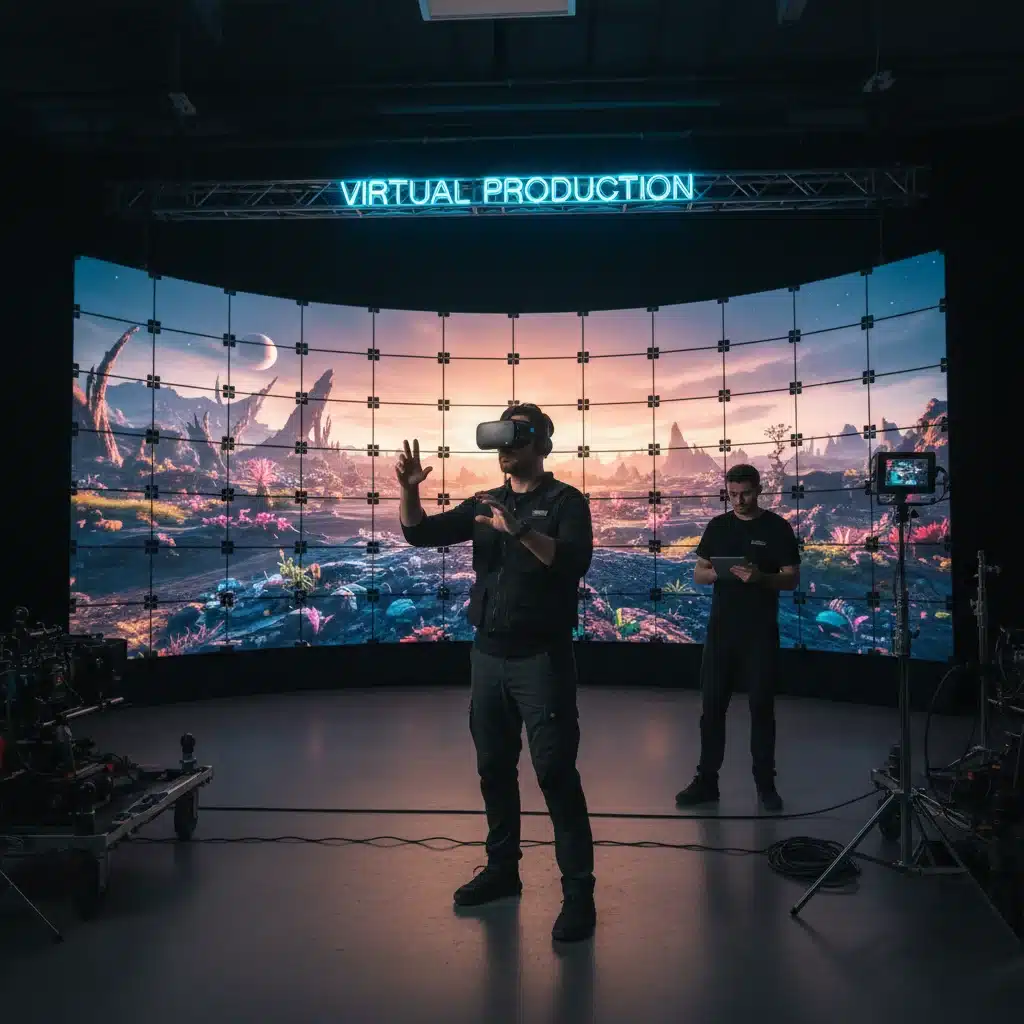 Director con gafas de realidad virtual en un set de producción virtual con pantallas LED mostrando un entorno digital realista.