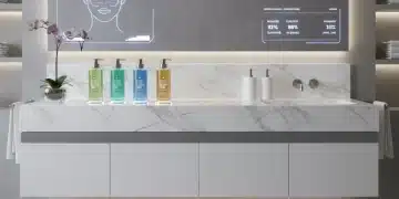 Productos de cuidado de la piel futuristas en un tocador minimalista con un espejo inteligente.