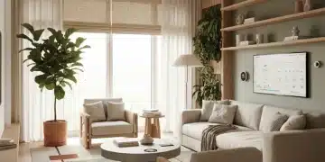 Salón moderno con tendencias de decoración 2026, colores tierra y elementos sostenibles